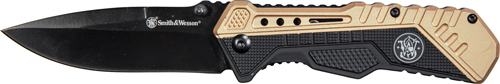S&W KNIFE BLACK/FDE SPRING AST 3.5" BLACK BLADE RUB/ALUM - for sale