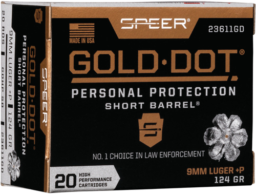 SPEER GOLD DOT SHORT BBL 9MM LUGR+P 124GR GDHP 20RD 10BX/CS - for sale